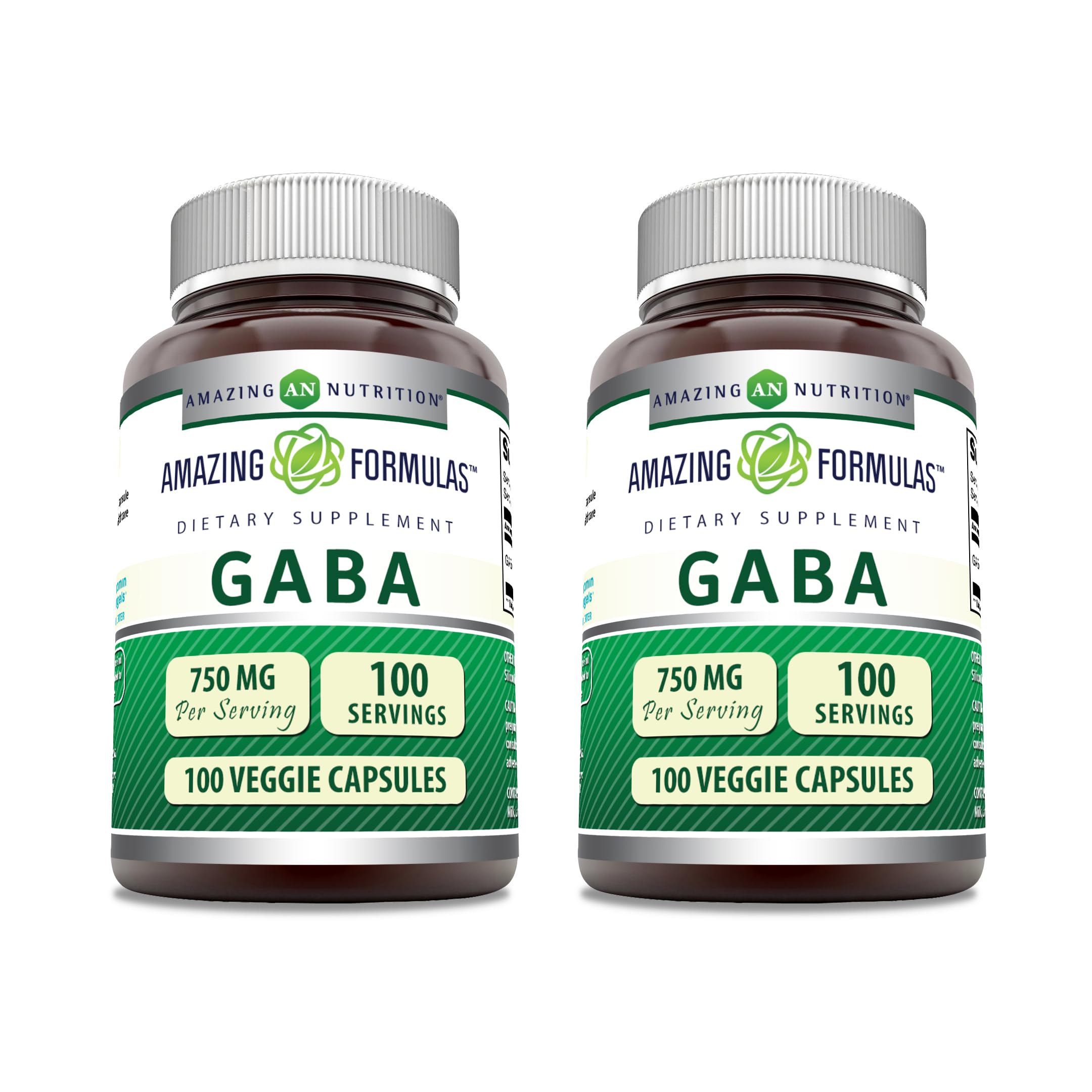 Amazing Formulas GABA 750mg Per Serving Veggie Capsules Supplement | Non-GMO | Gluten Free | Made in USA | Ideal for Vegetarians (2 Pack | 100 Count)