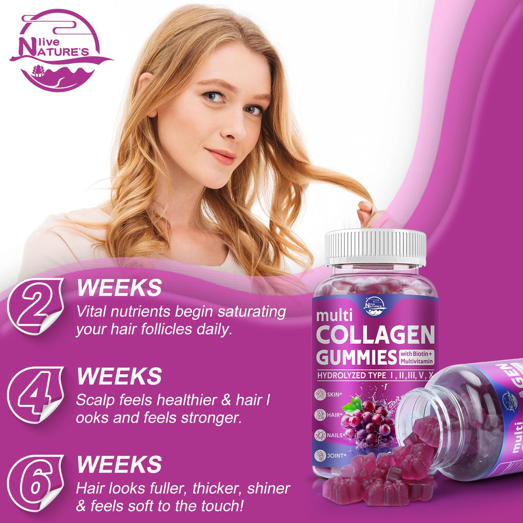 Nature's live Multi Collagen Peptides Gummies, Type I, II, III, V, X - Hydrolyzed Collagen Peptides Gummies, Supports Healthy Skin, Strong Nails & Thick Hair, Grape Blueberry Flavor, 60 Count