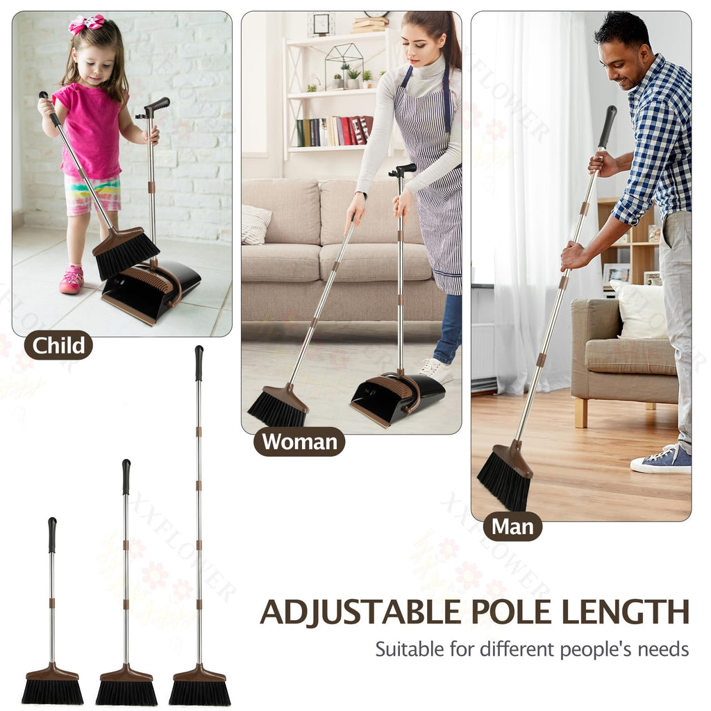 XXFLOWER Broom and Dustpan Set with Long Handle, Light Weight Stainless Steel Poles Stand Upright Dustpans with Broom Combo for Home Kitchen Office Pet Dog Hair, 1-Pack (Black Brown)