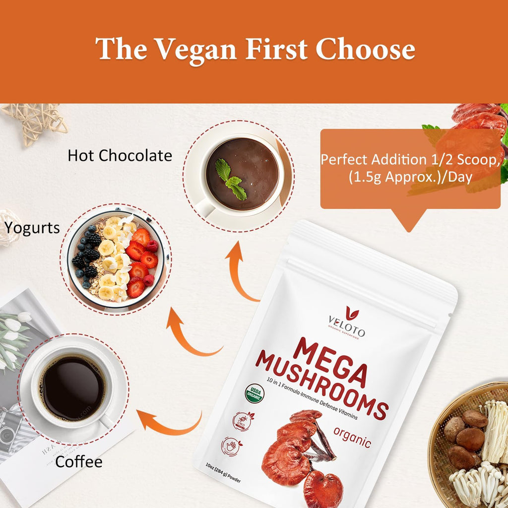 VELOTO Organic Mega Mushroom Powder Blend,10 in 1 Complex Mushroom Extract Powder Herbal Supplement with Reishi, Cordyceps, Chaga, Lion's Mane, Vegan & More, Sustainably US Grown, Filler Free, 10oz