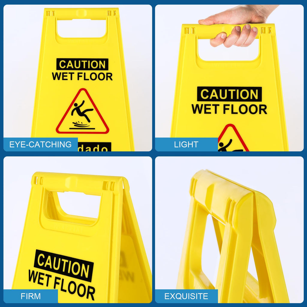 WOUSEDO 3-Pack Caution Wet Floor Sign,17.5" Height,Bright Yellow Double-Sided Folding A-Shaped Frame Design, Bilingual Caution Message