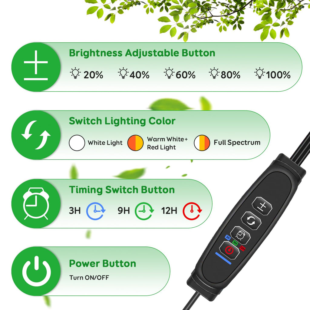 LPMZMBL LED Grow Lights for Indoor Plants, 3Heads Grow Lights for Seed Starting, 10 Dimmable Levels & 3 Timer Modes (3/9/12H), Adjustable 360° Gooseneck with Clip, Plant Grow Light 2 Pack