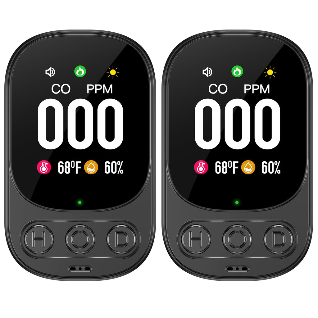 Lunarlipes Carbon Monoxide Detectors Plug in, 3-in-1 CO Detector with Temp/Hum Sensor, Portable Travel Carbon Monoxide Alarm with 85dB Alarm, Real-Time CO Monitor Easy to Read & Install (Black-2 Pack)