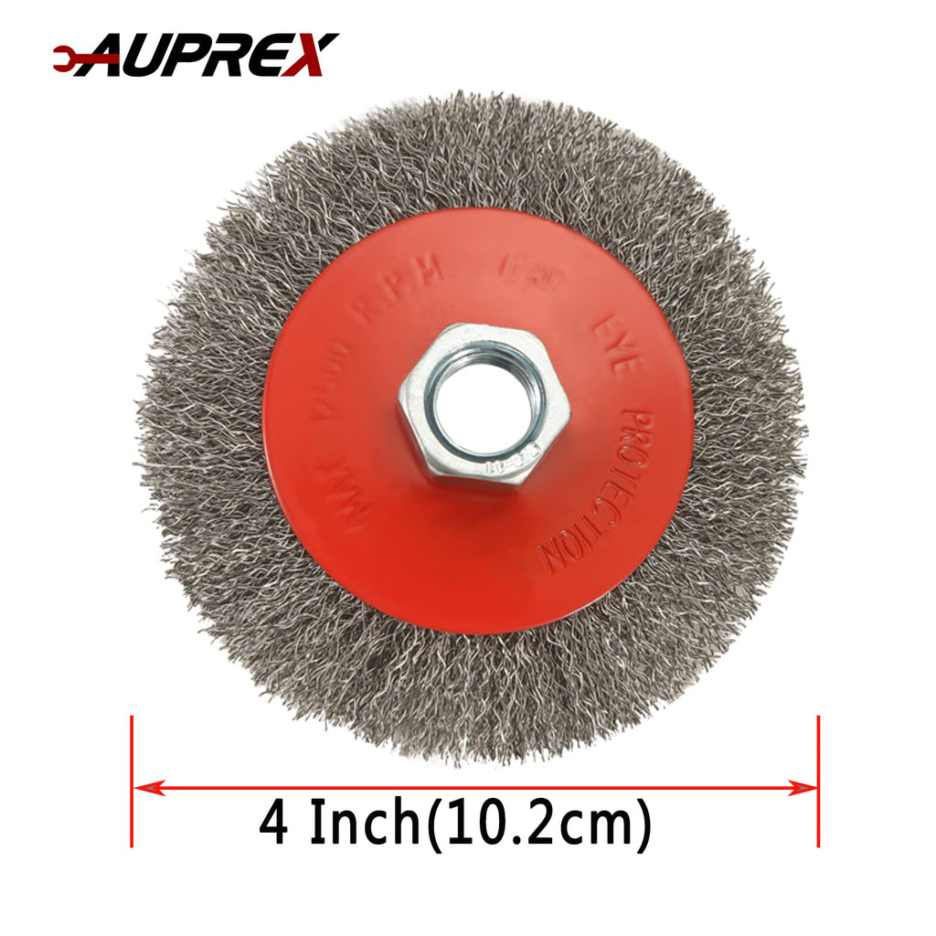AUPREX 5 Pack 4 Inch Coarse Crimped Wire Wheel Brush for Angle Grinder with 5/8 Inch-11 Threaded Arbor - 0.014 Inch Carbon Steel Wire -Light Duty Conditioning for Metals
