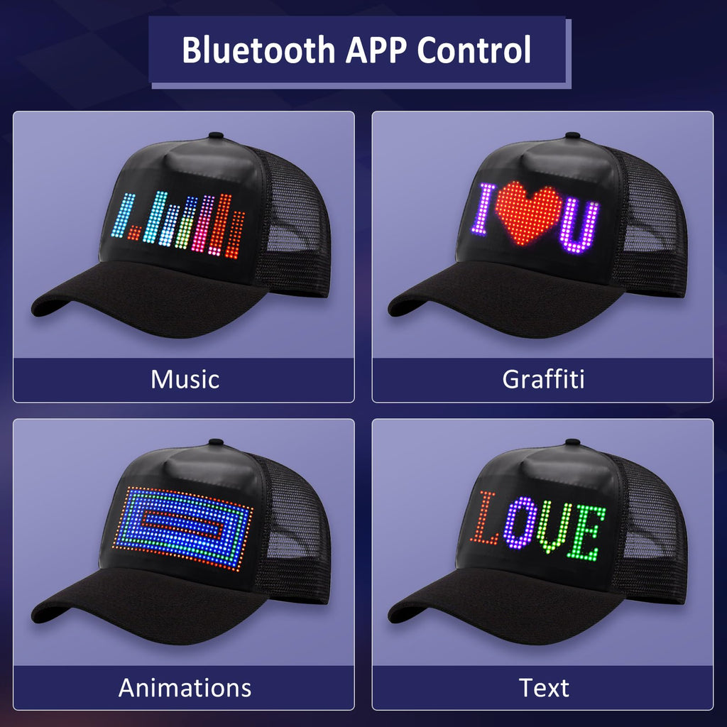 GOTUS LED Hats, LED Display Screen Smart Caps,Bluetooth APP Control,Custom Text, Patterns, Animations for Party Christmas Halloween(1632) Black