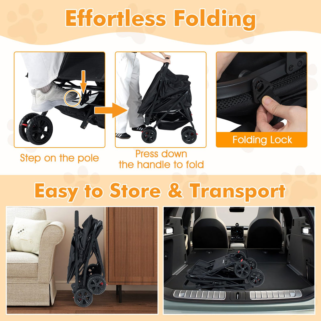 PETSITE Double Pet Stroller, Foldable Double Dog Stroller with 2-Seater Carrier, Adjustable Sunshade, Removable Pad, Safety Belt, Storage Basket, 4-Wheel Pet Travel Cart for 2 Puppies & Cats (Black)