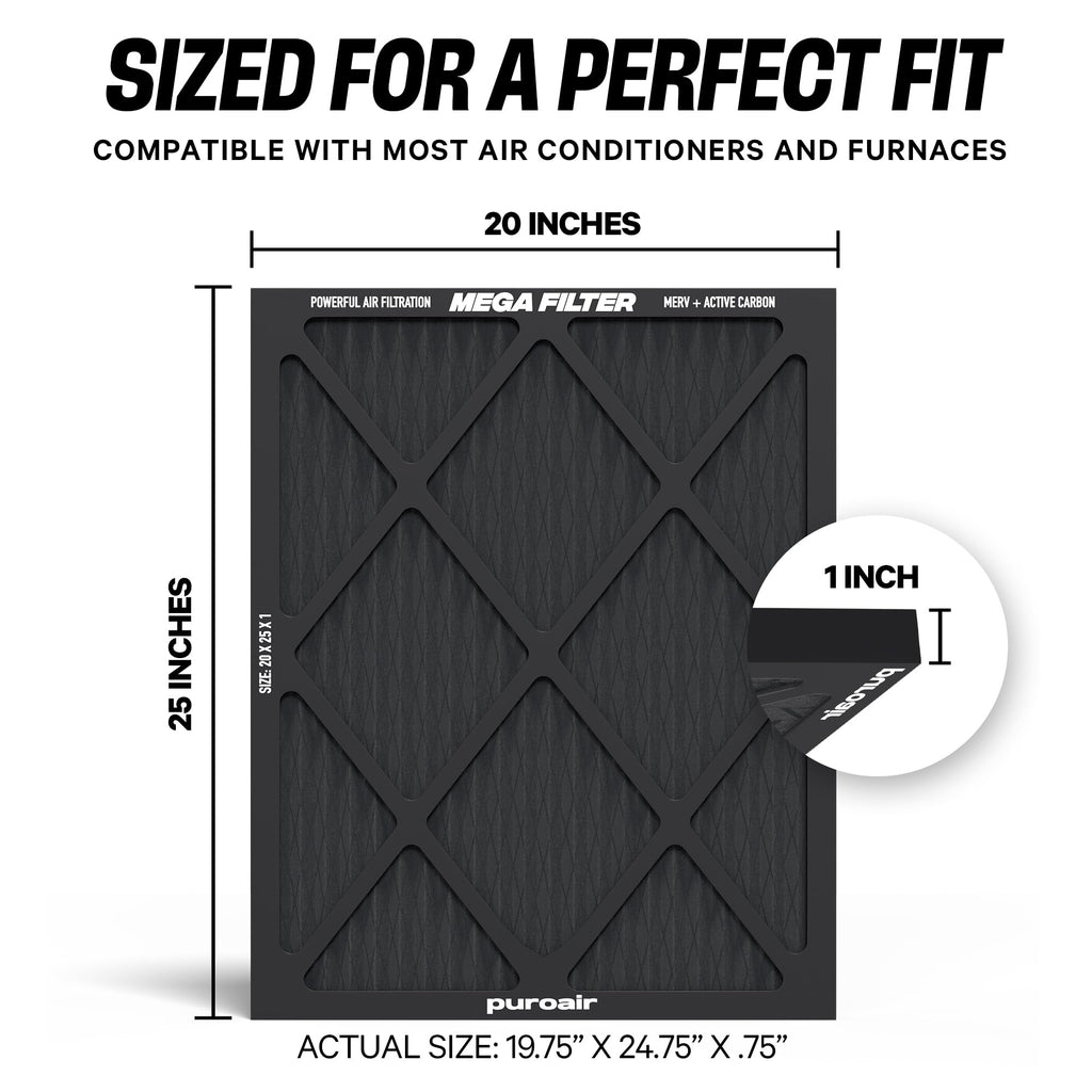 PuroAir MegaFilter - 20x25x1 Air Filter MERV 13 Activated CarbonTech Defense - Heavy Duty 3 Layer Furnace Filters Allergens, Pollen, Dust, Pet Dander, Smoke, Odors - HVAC Air Filter 20x25x1 (2-Pack)