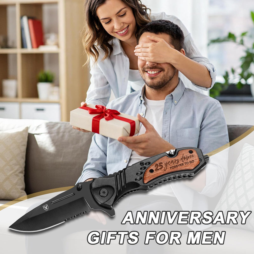 25 Years Anniversary Keepsake Gifts for Him, 25th Anniversary Present for Men Boyfriend Husband Couple, 25 Years Marriage Keepsake, Wedding Date Engraved Pocket Knife with Box, Personalized Mens Knife
