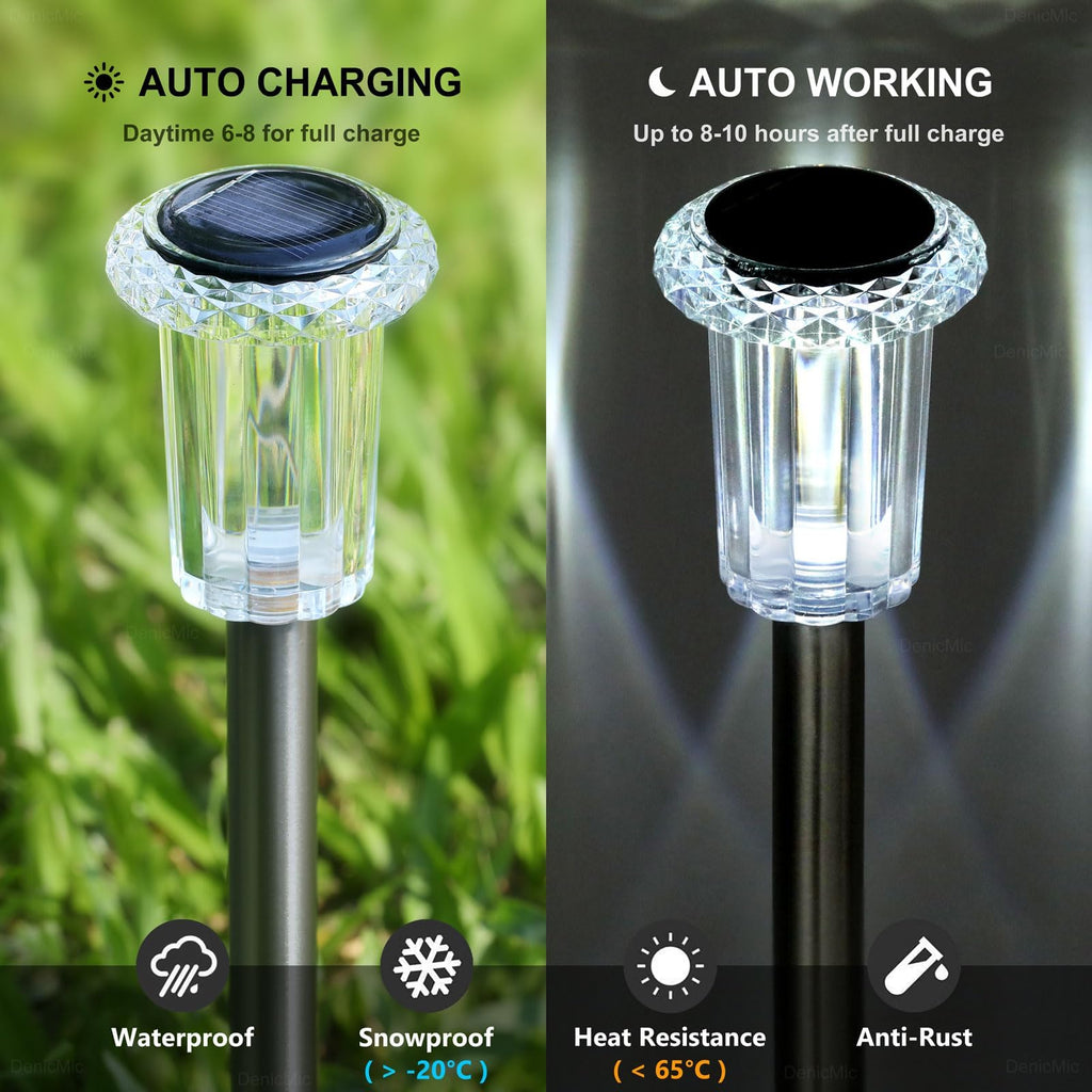 DenicMic Solar Lights Outdoor 10 Pack Waterproof 6000K Cold White LED Stainless Steel Stake for Pathway Yard Garden Driveway Solar Powered Outside Christmas Decor