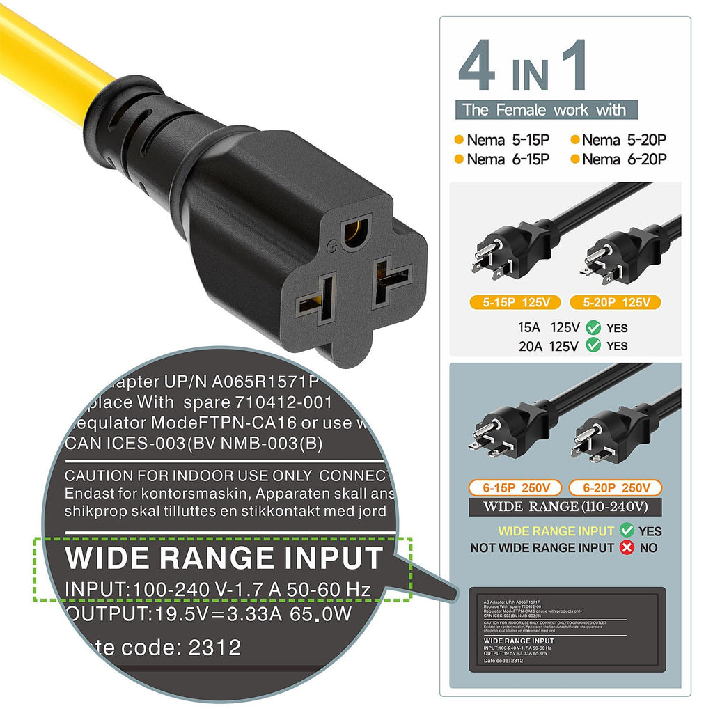 [15-Feet] NEMA 5-15P to 5-15R/ 5-20R/ 6-15R/ 6-20R AC Adapter, Plugrand 12AWG 15 Amp Household AC Plug to 20 Amp T Blade Adapter Cable, 15A 125V to 20A 250V Extension Cable, 15FT