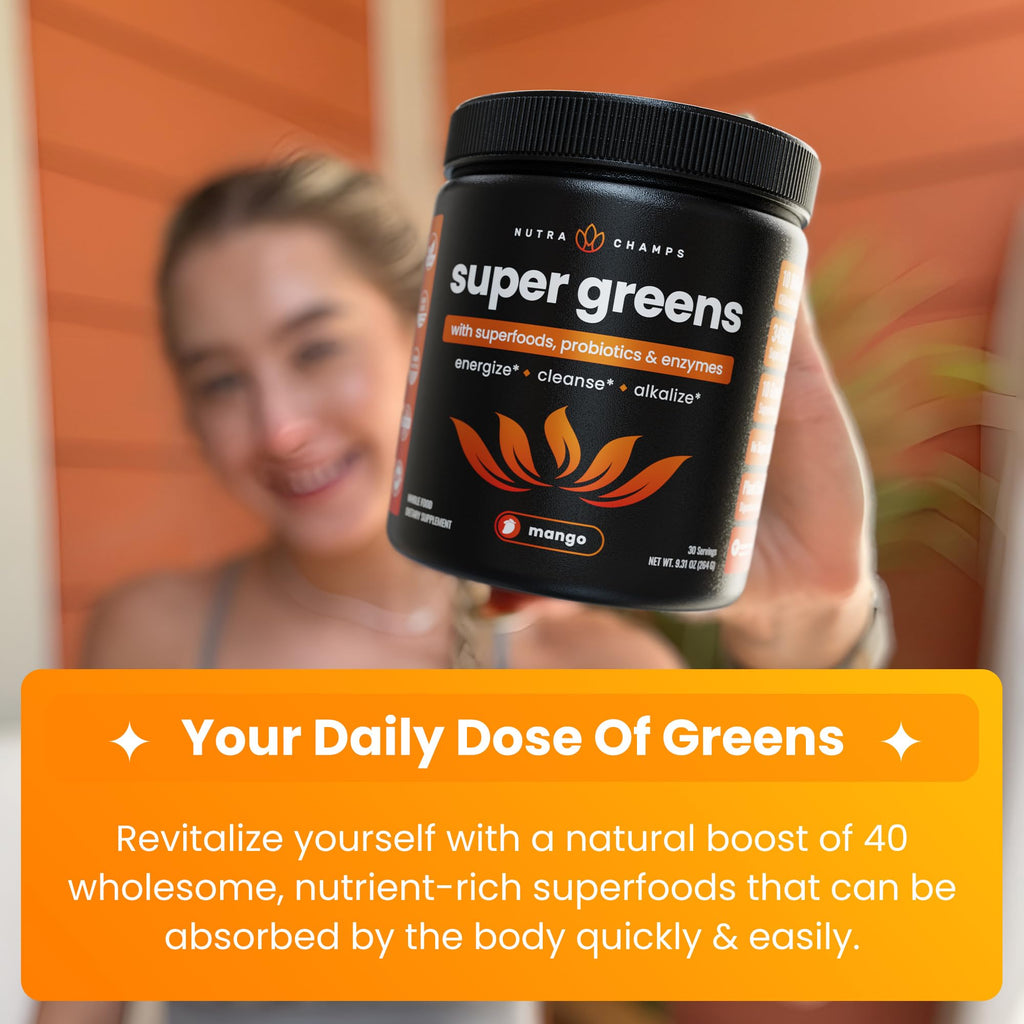 NutraChamps Super Greens Powder Premium Superfood | 20+ Organic Green Veggie Whole Foods | Wheat Grass, Spirulina, Chlorella | Antioxidant, Digestive Enzyme & Probiotic Blends (9.0 OZ, Mango)