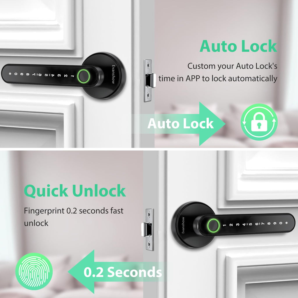 Evanshow Fingerprint Door Lock Biometric Door Knob with Keypad Keyless Entry, Door Locks for Bedrooms, Home Hotel Office Apartment Black