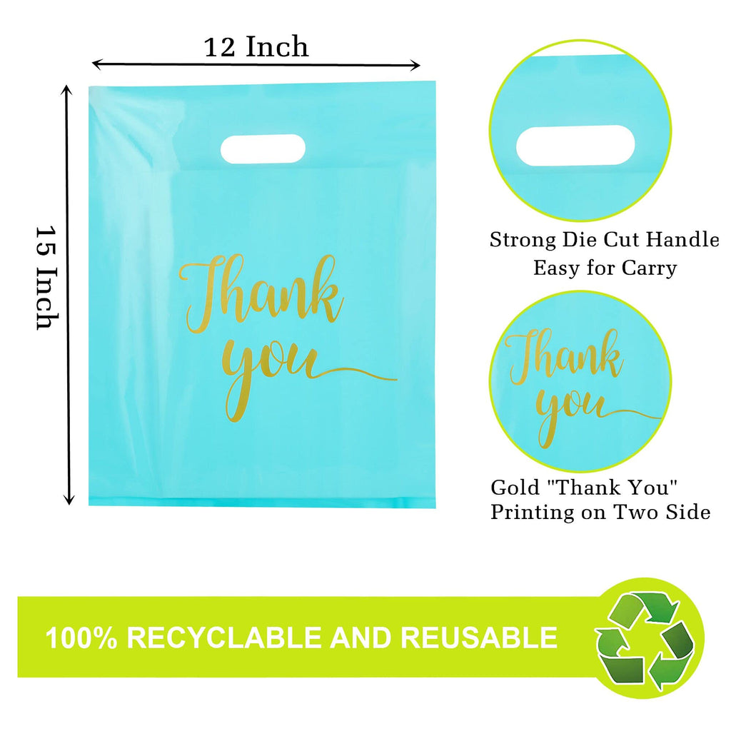 MUKOSEL 100Pcs Thank You Merchandise Bags, Extra Thick 2.36 Mil 12x15 In Retail Shopping Bags for Goodie bags Party Stores Boutique Clothes Business Gift, Reusable Plastic Bags with Handle (Blue)