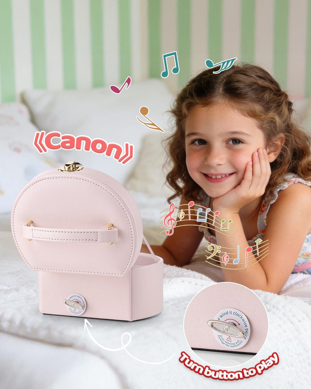 VLANDO Musical Jewelry Box for Girls, Arc Design with Spinning Ballerina Large Compartment for Small Treasures, Plays Canon Melody, Built-In Mirror and Soft Carry Handle, Birthday Christmas Gift