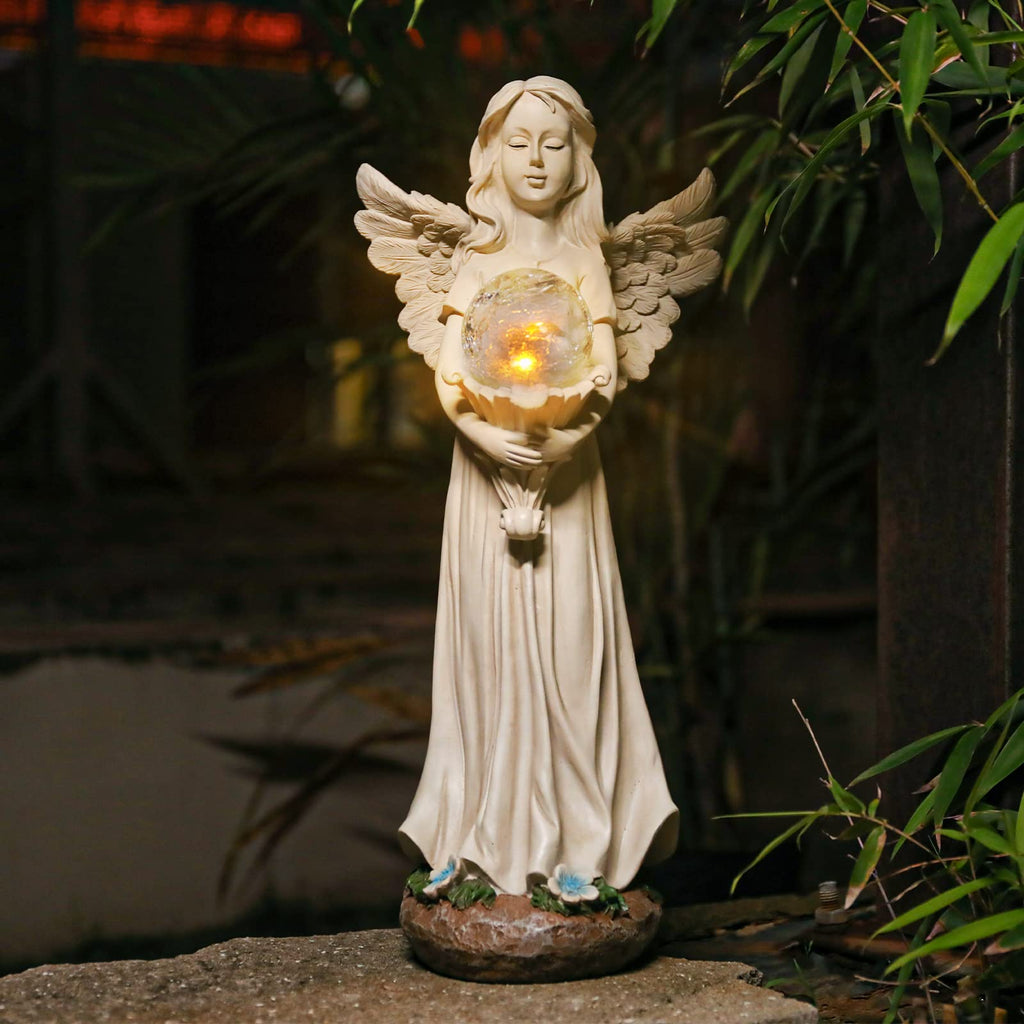 Garden Angels Outdoor Statue, Solar Angel with Crackled Glass Globe