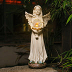 Garden Angels Outdoor Statue, Solar Angel with Crackled Glass Globe