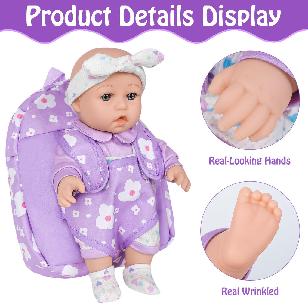 UZIDBTO 12" Baby Doll with Flower Pattern Backpack Carrier,12 Inch Realistic Baby Dolls with Clothes and Accessories Hanky Pacifier Bottle Diaper Toy Pretend Play Collection for 3+ Child Girls Gifts