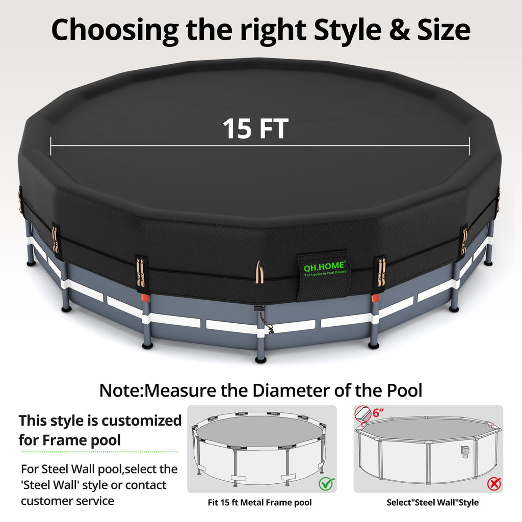 QH.HOME 550D 15 Ft Pool Cover Round[Upgraded Tear Resistant & Quadruple Windproof] with Pre-Installed Patented Winch and Velcro, Solar Cover for Above Ground Pool-Snug Fit & Waterproof Protection