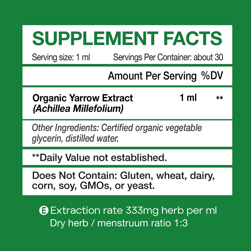 Yarrow Herb Tincture, Organic Yarrow Extract Liquid Drops, Alcohol-Free Achillea Millefolium Herbal Supplement for Women, GMP Certified, Vegan, Non-GMO, Gluten-Free, 1 Fl Oz