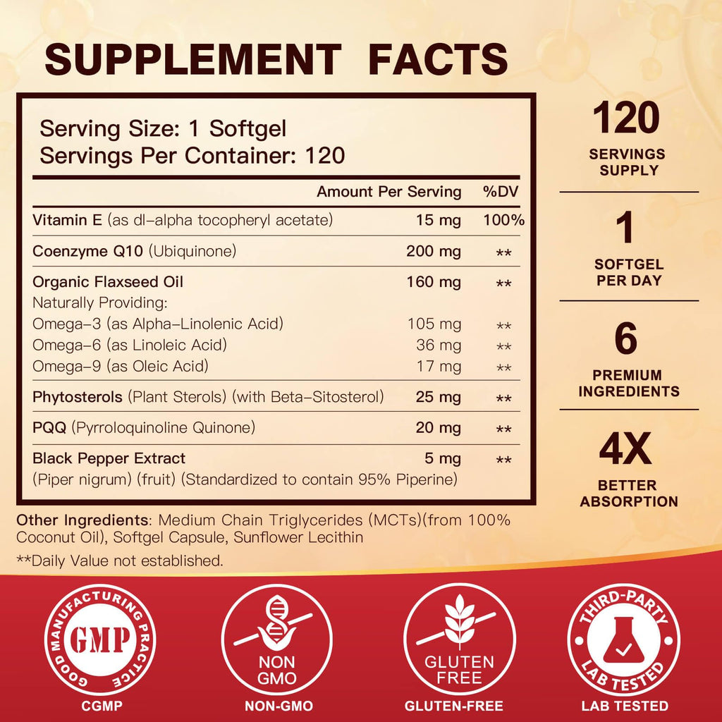 CoQ10 200mg Softgels with Vitamin E & Omega 3-6 -9 & PQQ - High Absorption Coenzyme Q10 with Bioperine | Maximum Antioxidant | Heart Supports & Cellular Energy Production Supplement | 120 Servings