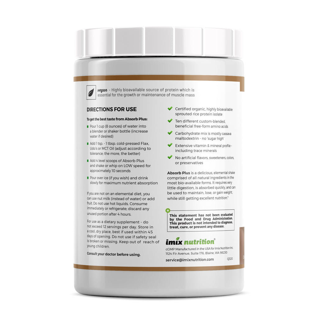 Absorb Plus Vegan Elemental Shake – Nutrient-Rich Powder Nutritional Support, Natural Ingredients, Non-GMO, Gluten-Free, Organic Sprouted Rice Protein (2.2 Pound, Mocha Latte)