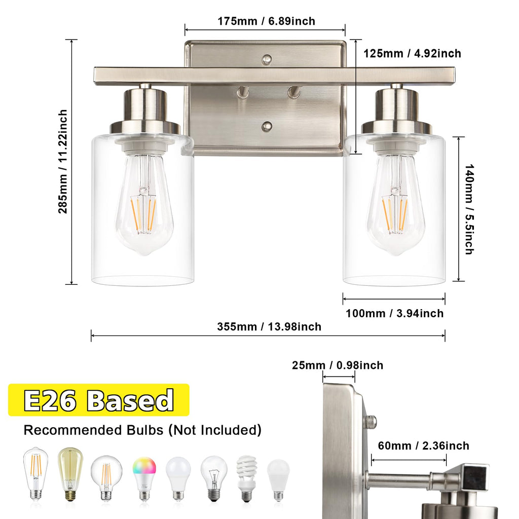 Ascher 2-Light Wall Sconces, Modern Vanity Light Fixture with Clear Glass Shade, Brushed Nickel Wall Light for Mirror Bedroom Hallway, E26 Base (Bulbs Not Included)