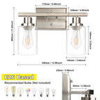 Ascher 2-Light Wall Sconces, Modern Vanity Light Fixture with Clear Glass Shade, Brushed Nickel Wall Light for Mirror Bedroom Hallway, E26 Base (Bulbs Not Included)