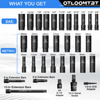 OTLOOMTBT 32PCS 1/2" Drive Impact Socket Set - Heavy Duty Industrial-Grade Deep Sockets, Metric/SAE Full Set with Extension Bar, Cr-V Steel Corrosion-Resistant Coating & Premium Storage Case