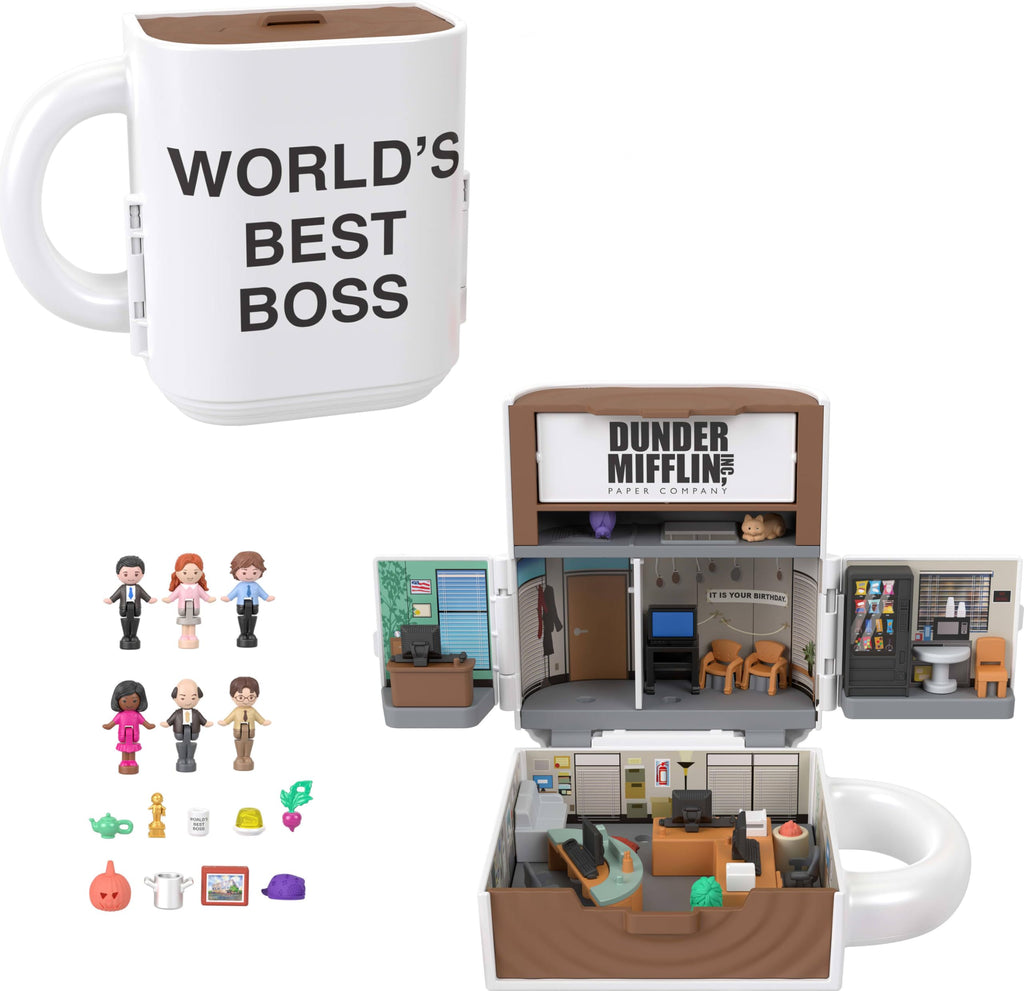 Polly Pocket x The Office Compact Playset 6 Character Dolls and 9 Accessories, Collectible Partnership Toy, Coffee Mug Exterior