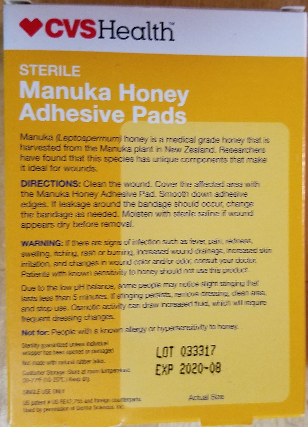 CVS Manuka Honey Adhesive Pads 1.8" x 3" 8 Count