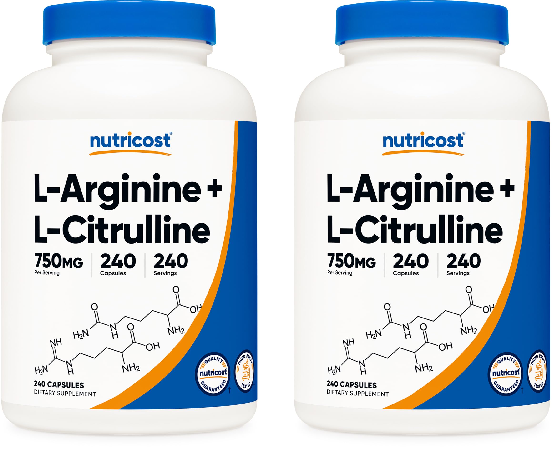 Nutricost L-Arginine L-Citrulline Complex 750mg, 240 Capsules (2 Bottles) - Non-GMO