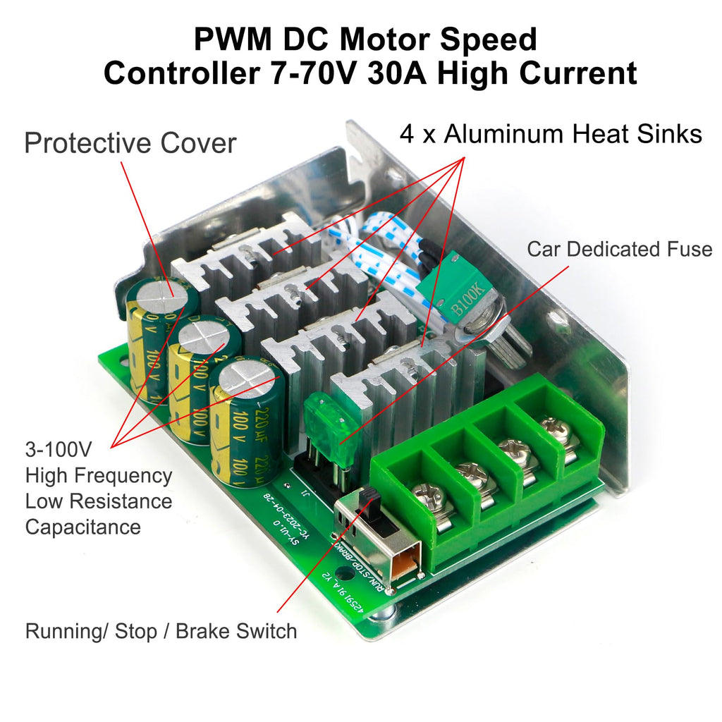 RioRand 7-70V PWM DC Motor Speed Controller 30A - Low Heat Aluminum Housing for Brushed DC Motors, DIY Projects & Small Electric Devices (Extra Fuse Included) 2PCS