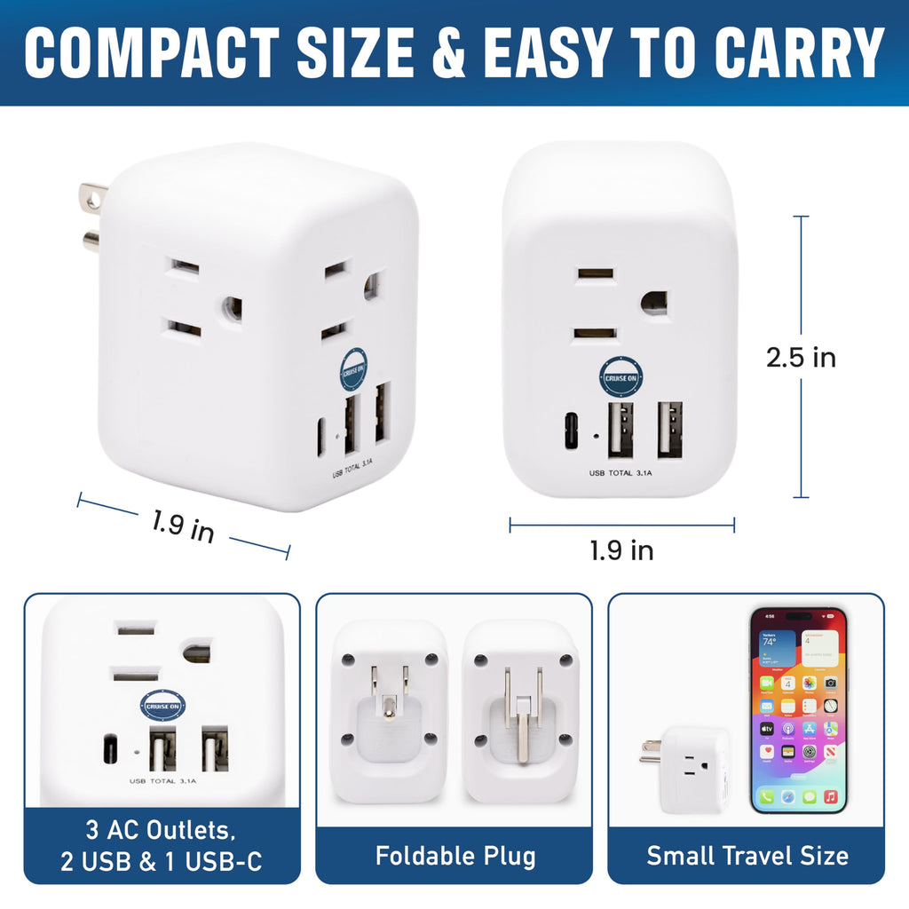 Cruise Approved Power Strip Foldable, Non Surge Protector Travel Power Strip, Multi Plug, 6 Outlets, 2 USB-A, 1 USB-C, & 3 AC Outlet for Carnival, Celebrity, Princess, & Major Lines in 2026 & 2027