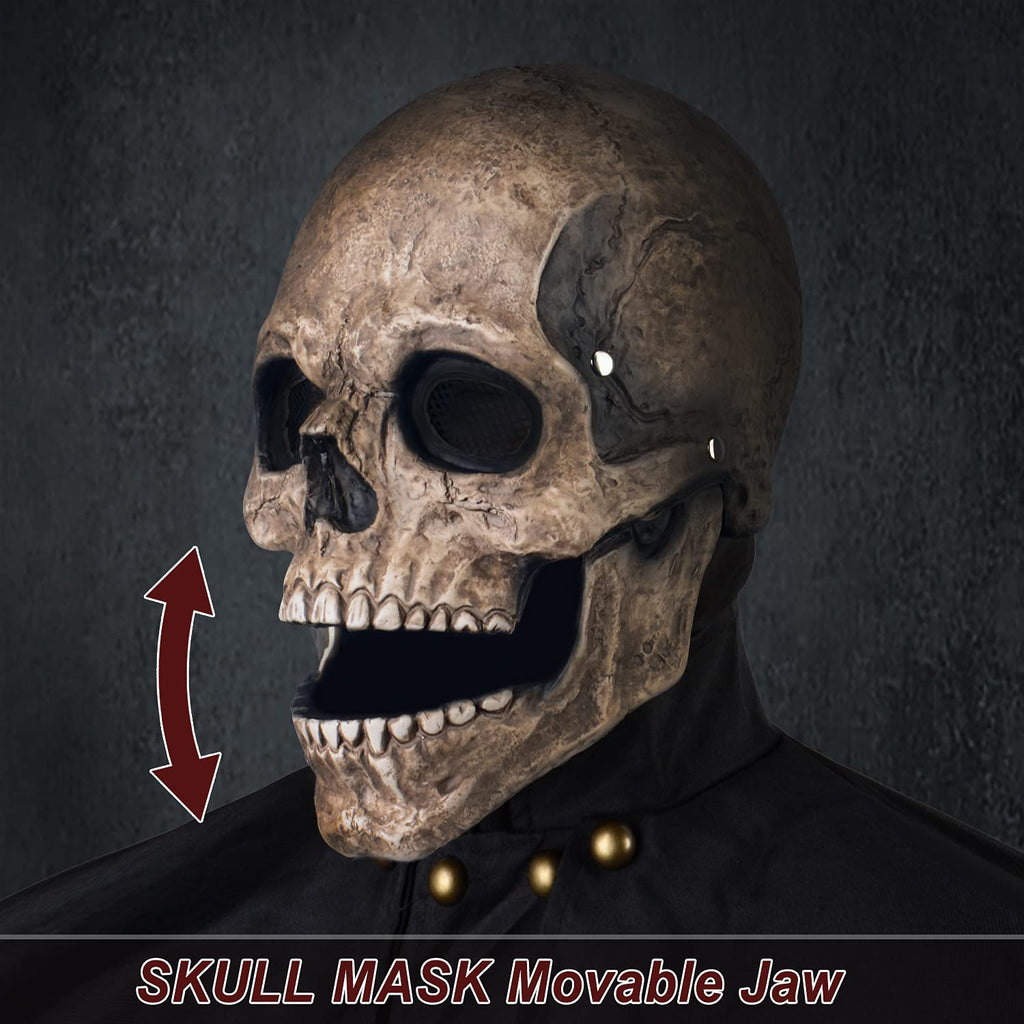 RRANYF Creepy Halloween Full Head Skull Mask with Movable Jaw, Adult Entire Head Realistic Latex Helmet, Scary Skeleton Headgear (Yellow Human Skull Costume Mask)