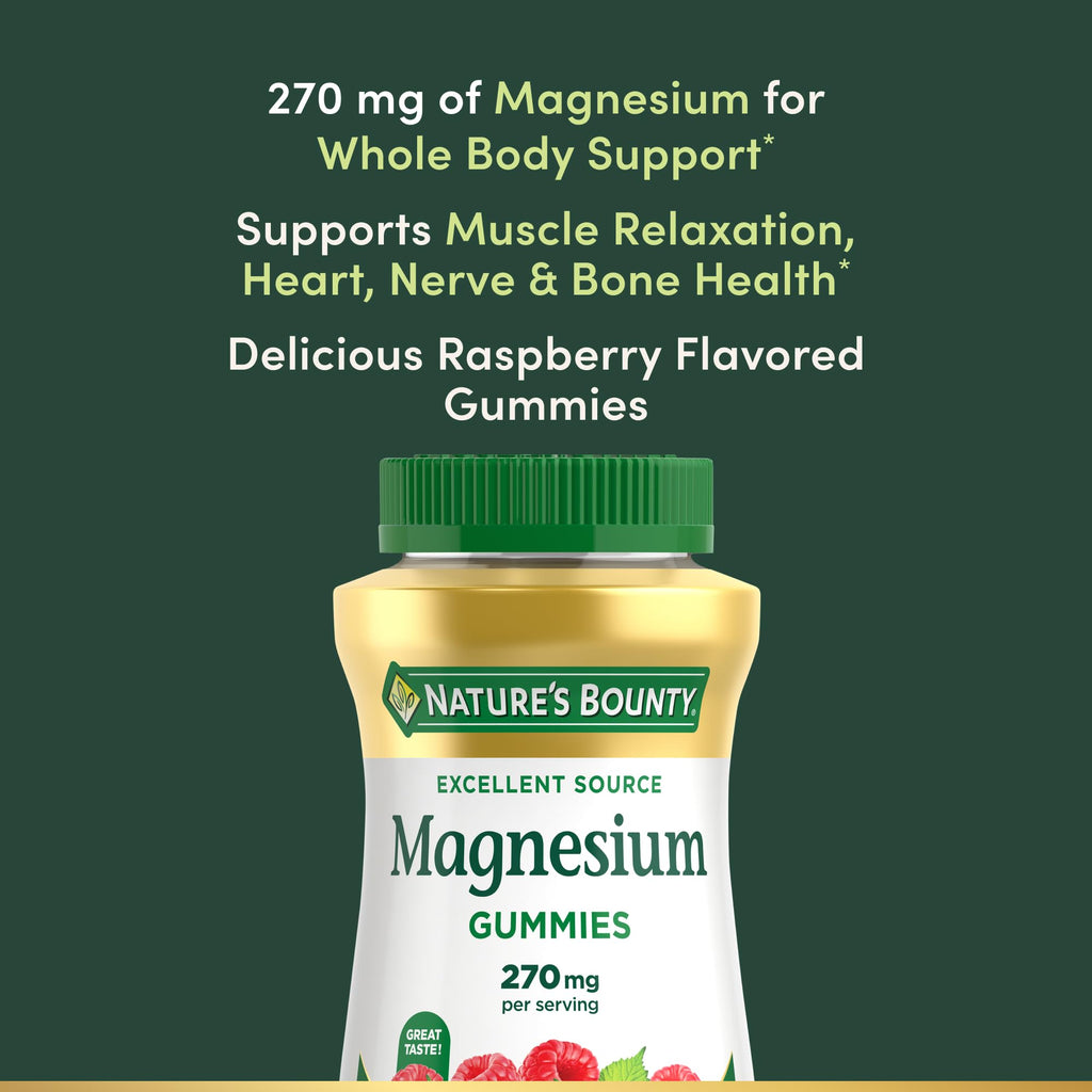 Nature's Bounty Magnesium Citrate Gummies for Adults,Supports General Health,Bone,Nerve,Muscle & Heart Health Support,270mg per Serving,Vegan,Non-GMO - Raspberry,90 Count (Pack of 2)