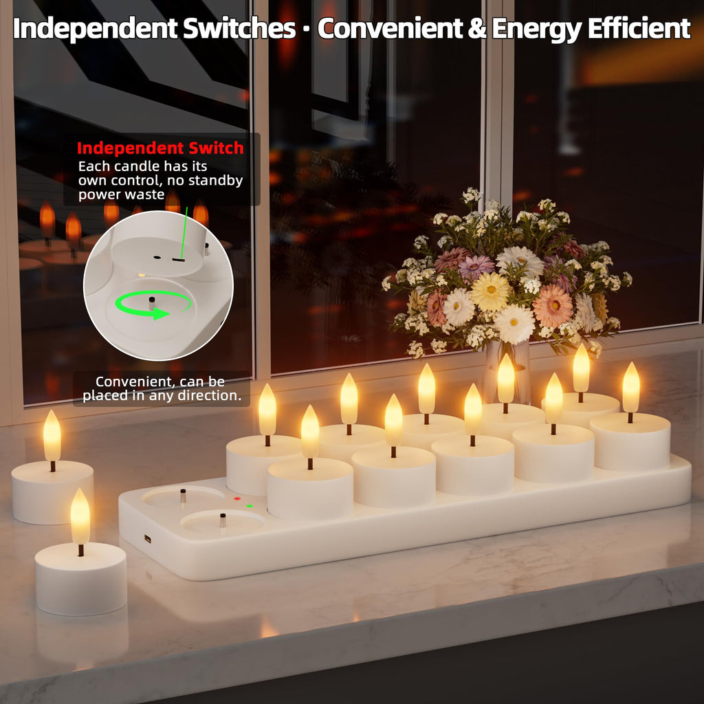 Rechargeable Flameless Tea Lights Candle with Charging Station Remote 12Pcs