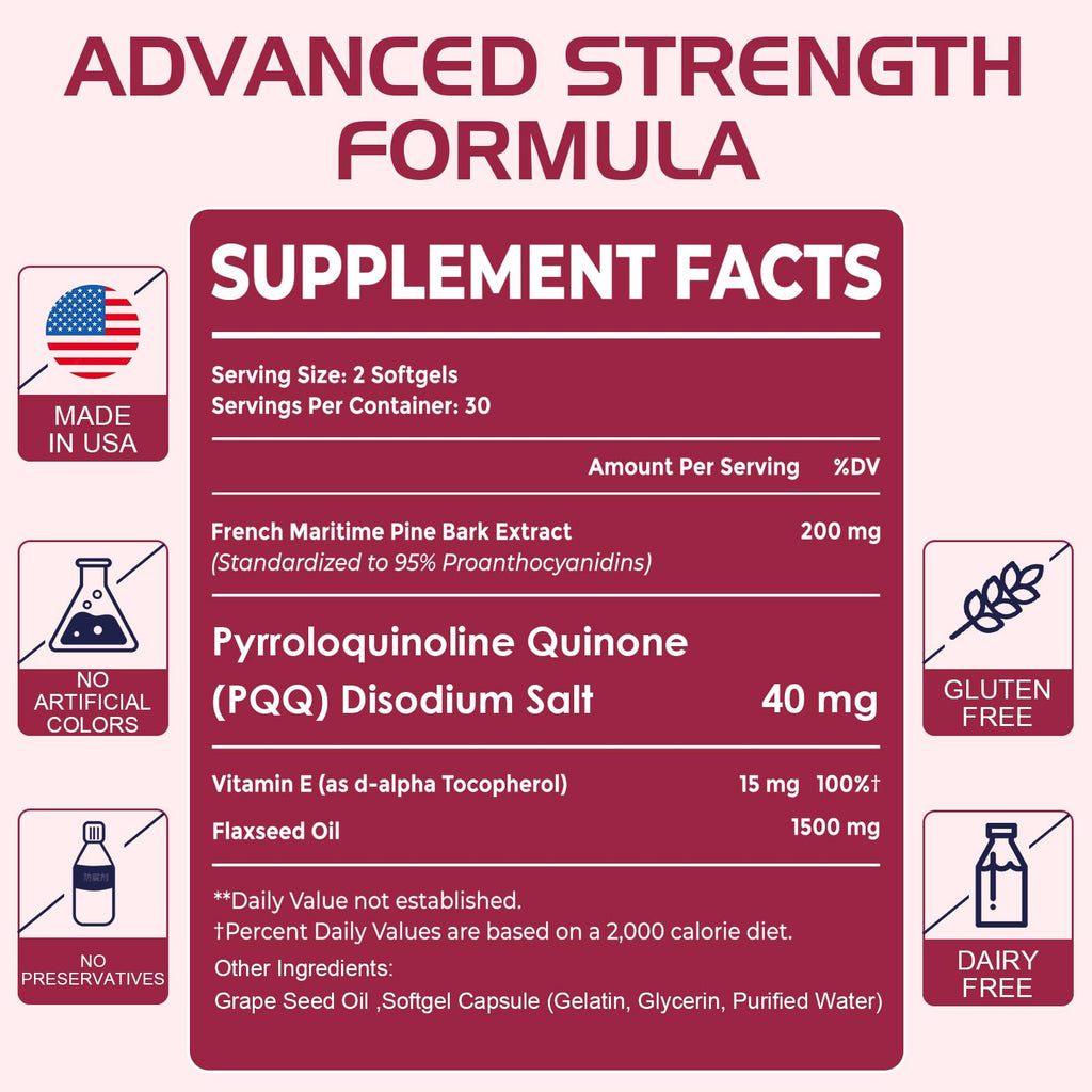 200 mg Pycnogeno with PQQ, Premium French Maritime Pine Bark Extract, Unique Dual-Delivery for Maximum Absorption, Pine Bark Extract for Vascular & Heart & Joint Function - 120 Vegan Softgels