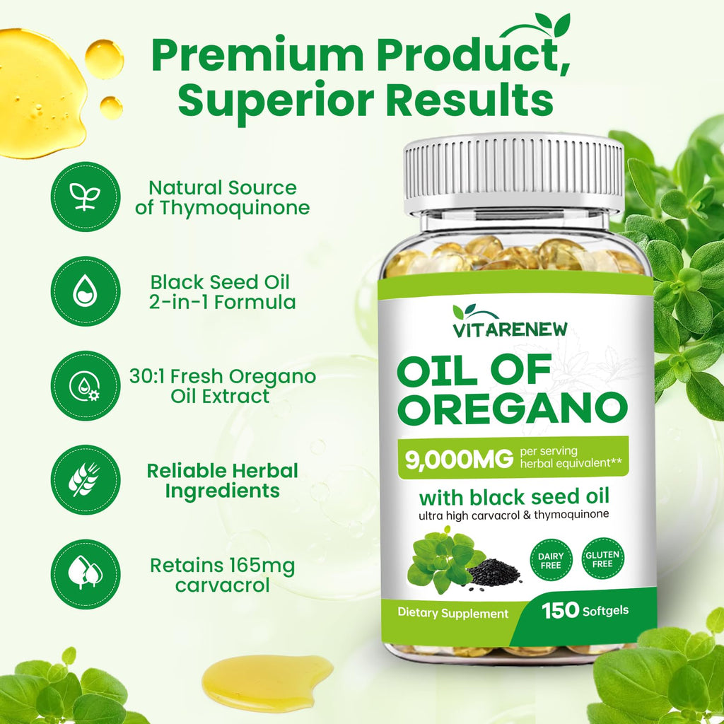 VITARENEW Oil of Oregano with Black Seed Oil, 150 Softgels | 2-in-1 Powerful Synergy for Immune Support | High Potency Carvacrol & Thymoquinone, Plant Based & Non-GMO