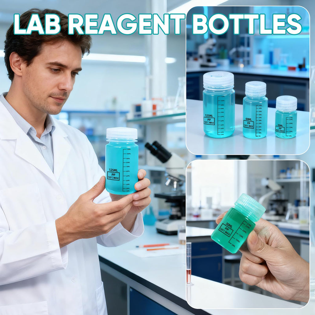 DEMORA Plastic Bottles with Airtight Caps 2oz/60ml, Food Grade Wide Mouth Liquid Containers, Reusable PP Graduated Measuring Bottles for Water Sample Lab Reagent Liquids Mixing (Clear, 4 Pcs)
