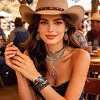RechicGu Western Jewelry For Women Bohemian Turquoise Dangle Earrings Necklace Bracelet Set, Bullhead Pendant Layered Choker Boho Faux Leather Wristband Country Concert Cowgirl Accessories Cactus E