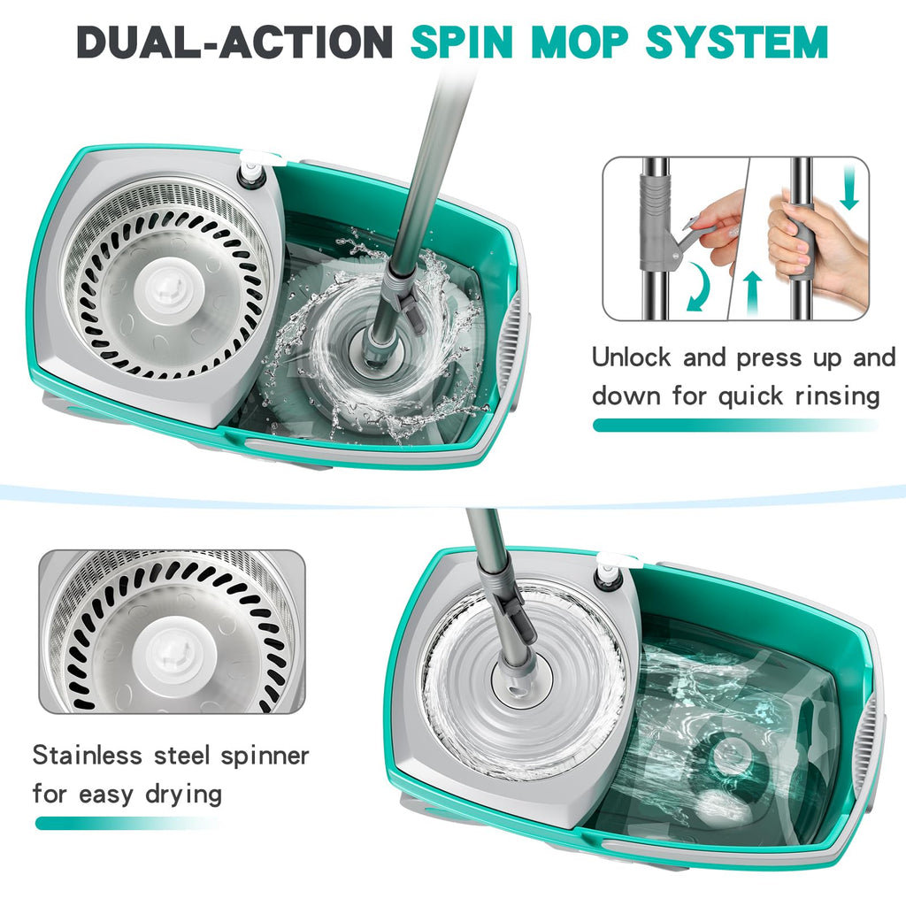 Sarkunpio Mop and Bucket Set with Wringer, Spin Mop Floor Cleaning System with 6 Replacement Microfiber Heads & 61" Extra-Long Handle for Home Floor, Blue