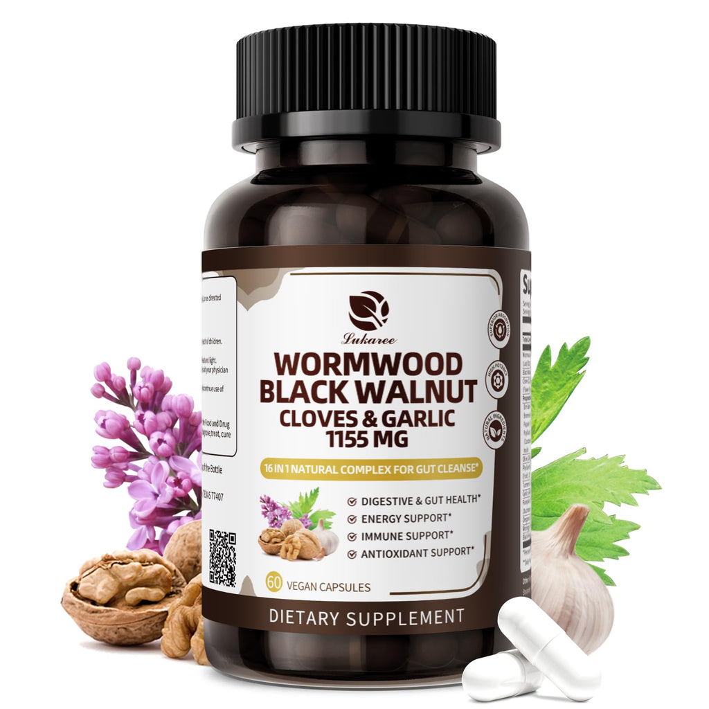 Lukaree 16-in-1 Wormwood Black Walnut Clove Cleanse for Humans Capsules – Natural Gut Detox & Digestive Health with Pumpkin Seeds Garlic Oregano Turmeric, Liposomal Tech 98% Absorption, Vegan 1155mg