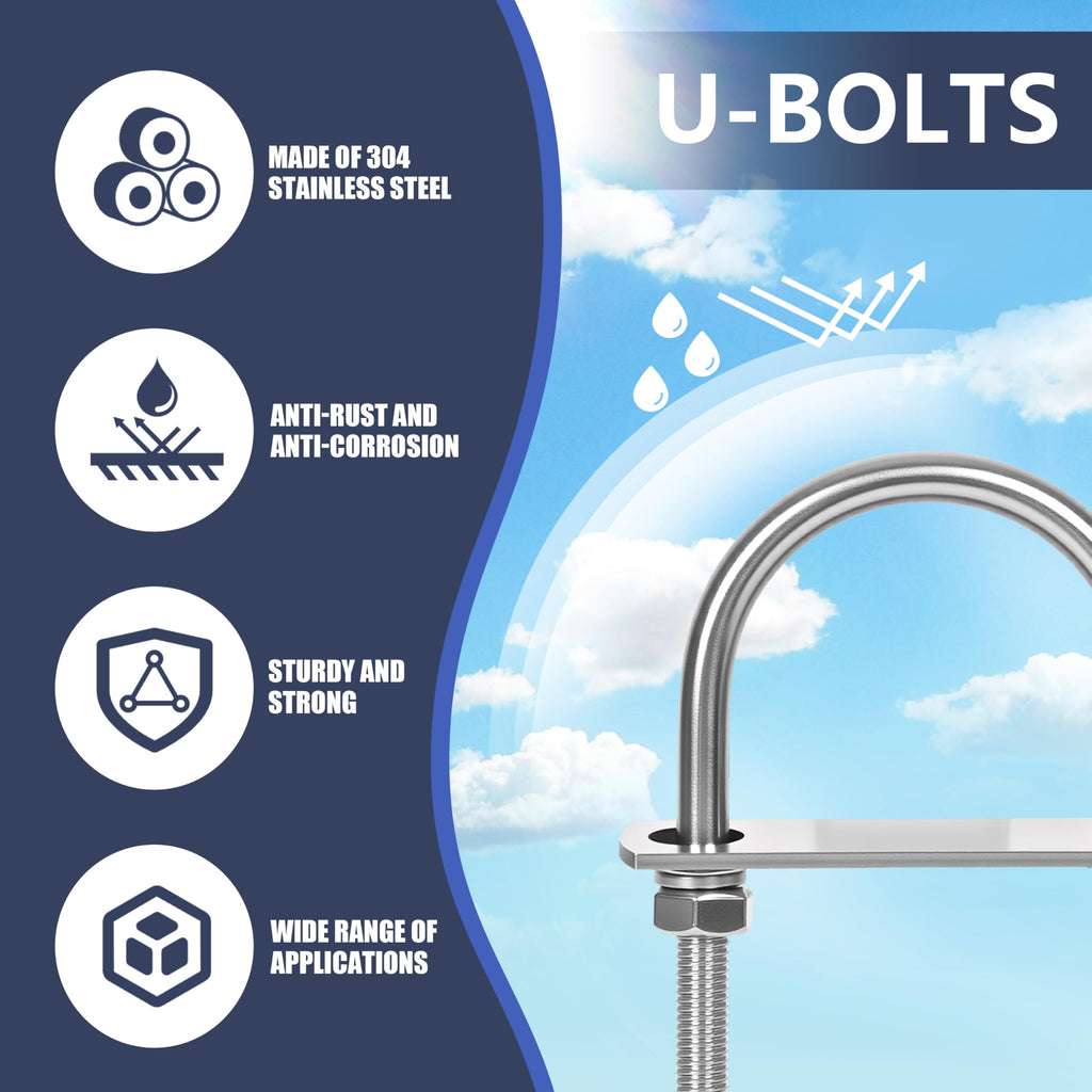 SRZTXU 8 Sets M8 U-Bolts,u-Bolts 2" (50mm) Wide,304 Stainless Steel u-Bolts,with Nuts,Bolt Plate and washers (8, M8 x 50mm x 100mm)