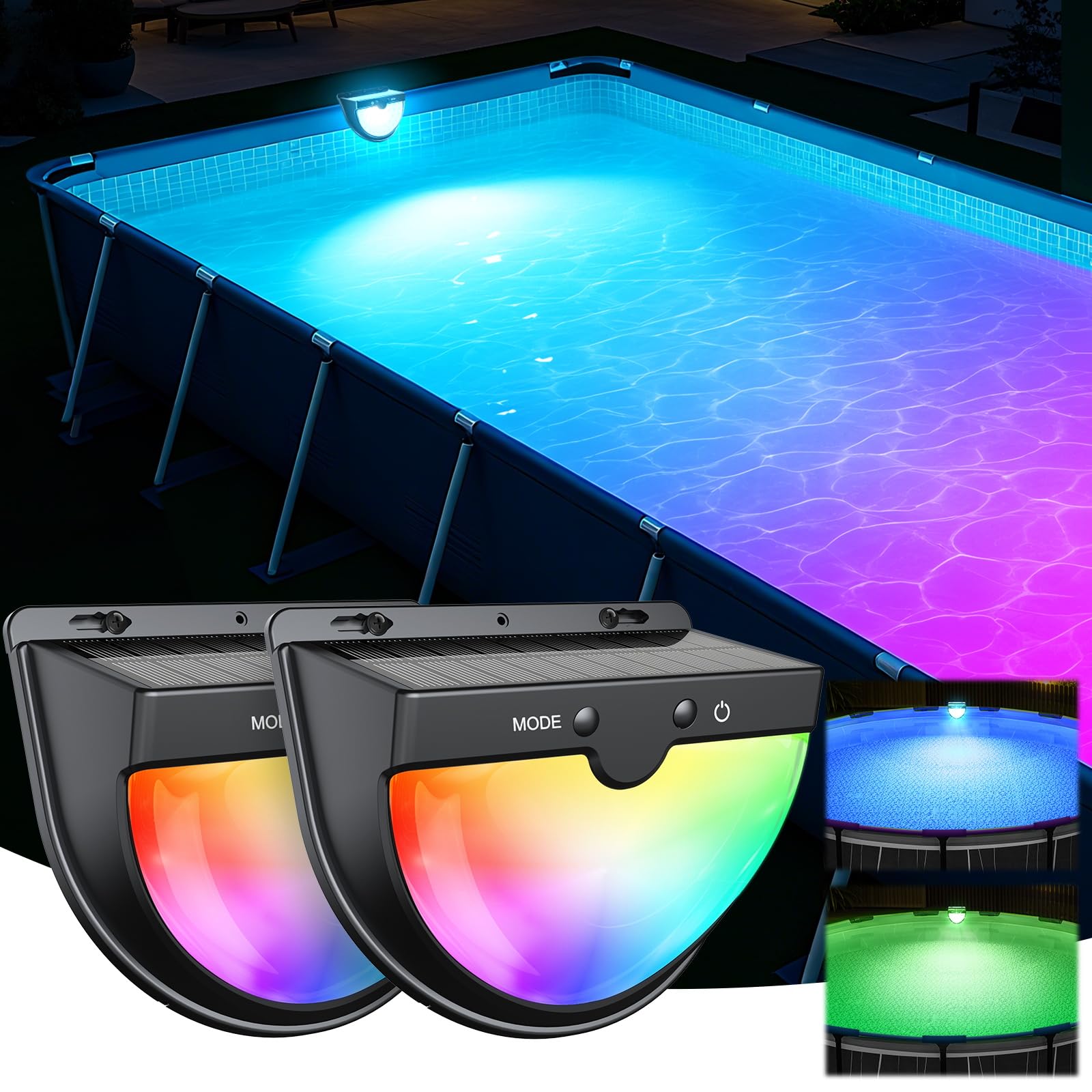 Solar Pool Lights for Above Ground Pools, Solar Powered Pool Lights with 10 Lighting Modes, Upgraded Pool Lights for Framed Above Ground Pools Solar Light Waterproof, Swimming Pool Accessories 2PC
