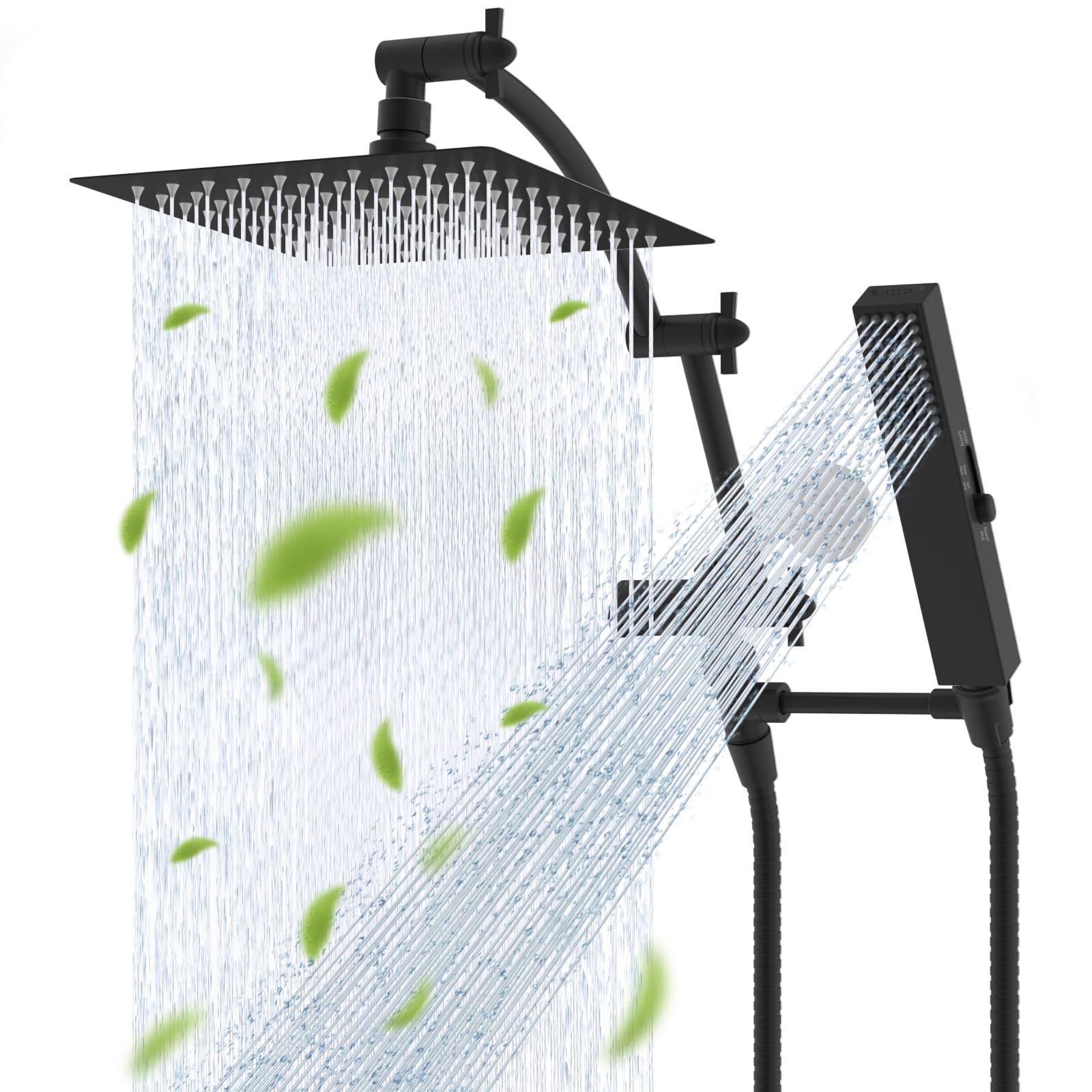 Hibbent All Metal CUPC Certified 8'' Rainfall Shower Head, Dual Shower Head Combo, High Pressure Handheld 4 Sprays Shower Wand, 16'' Adjustable Extension Arm, 71'' Hose, Shower Holder, Matte Black
