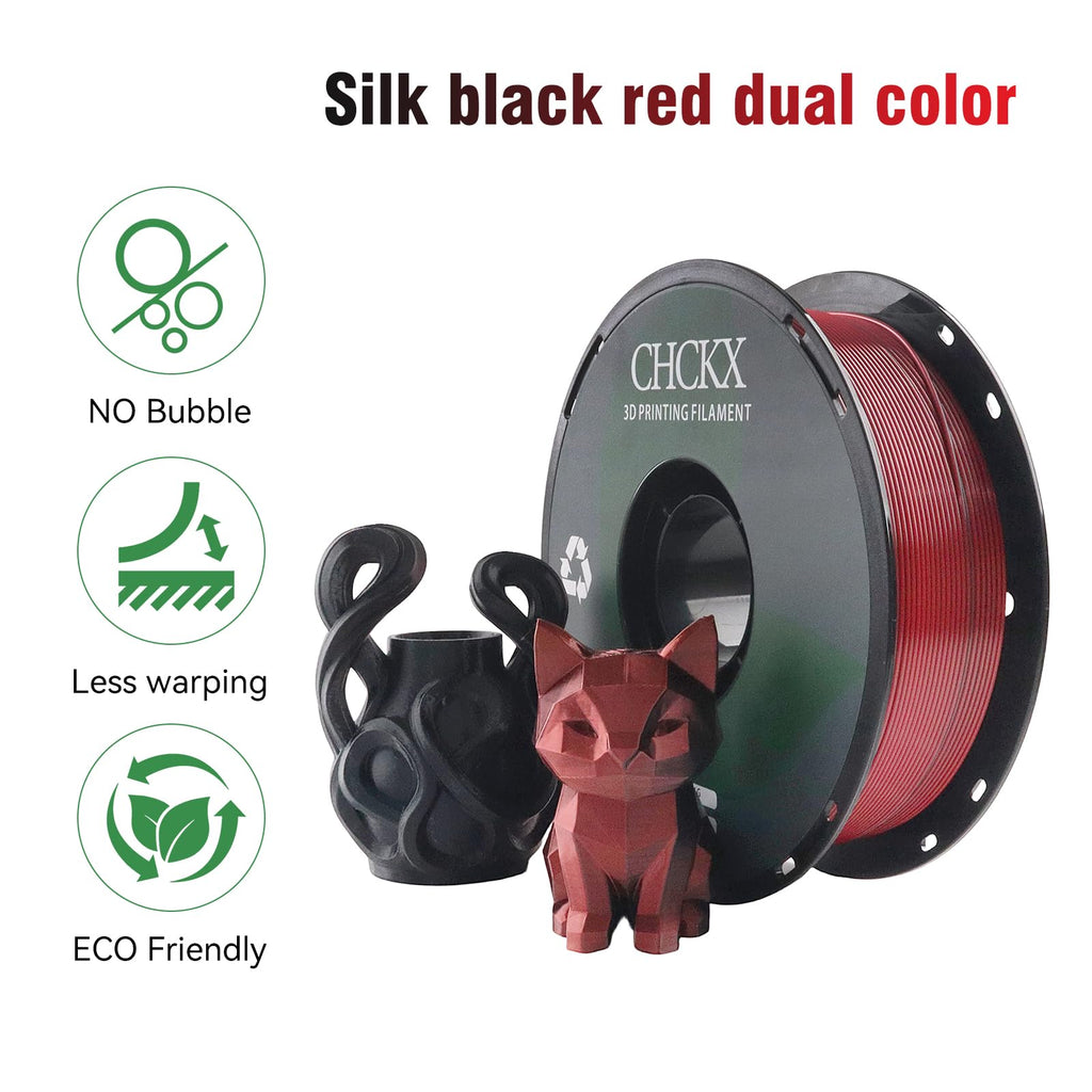 CHCKX PLA 3D Printer Filament, Dual Color Silk PLA Filament, Dimensional Accuracy +/- 0.02 mm, 1 kg Spool(2.2lbs), 1.75 mm,Black Red
