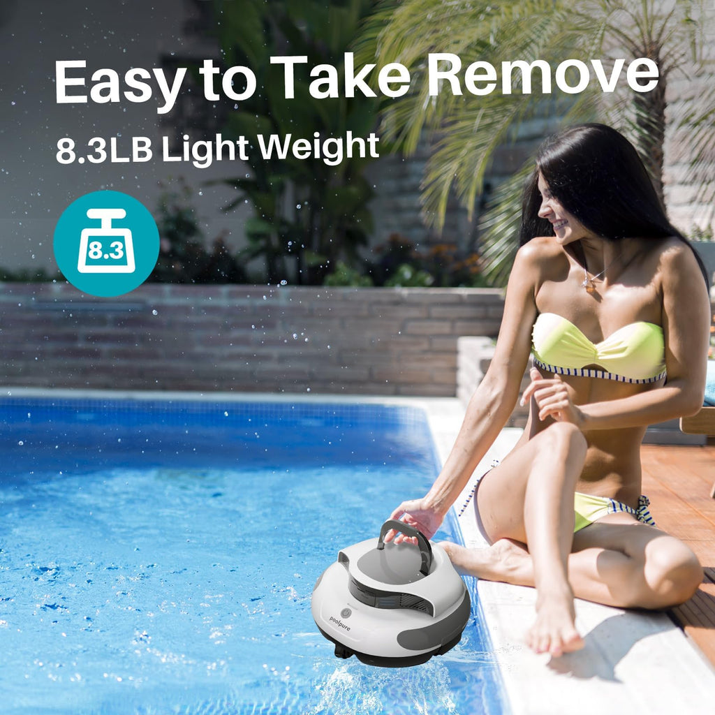 POOLPURE Cordless Robotic Pool Cleaner - Dual 30W Motors, 100Min Runtime, for Above & In-Ground Pools Up to 1000 Sq.Ft, Auto-Parking, Advanced Waterproof Technology