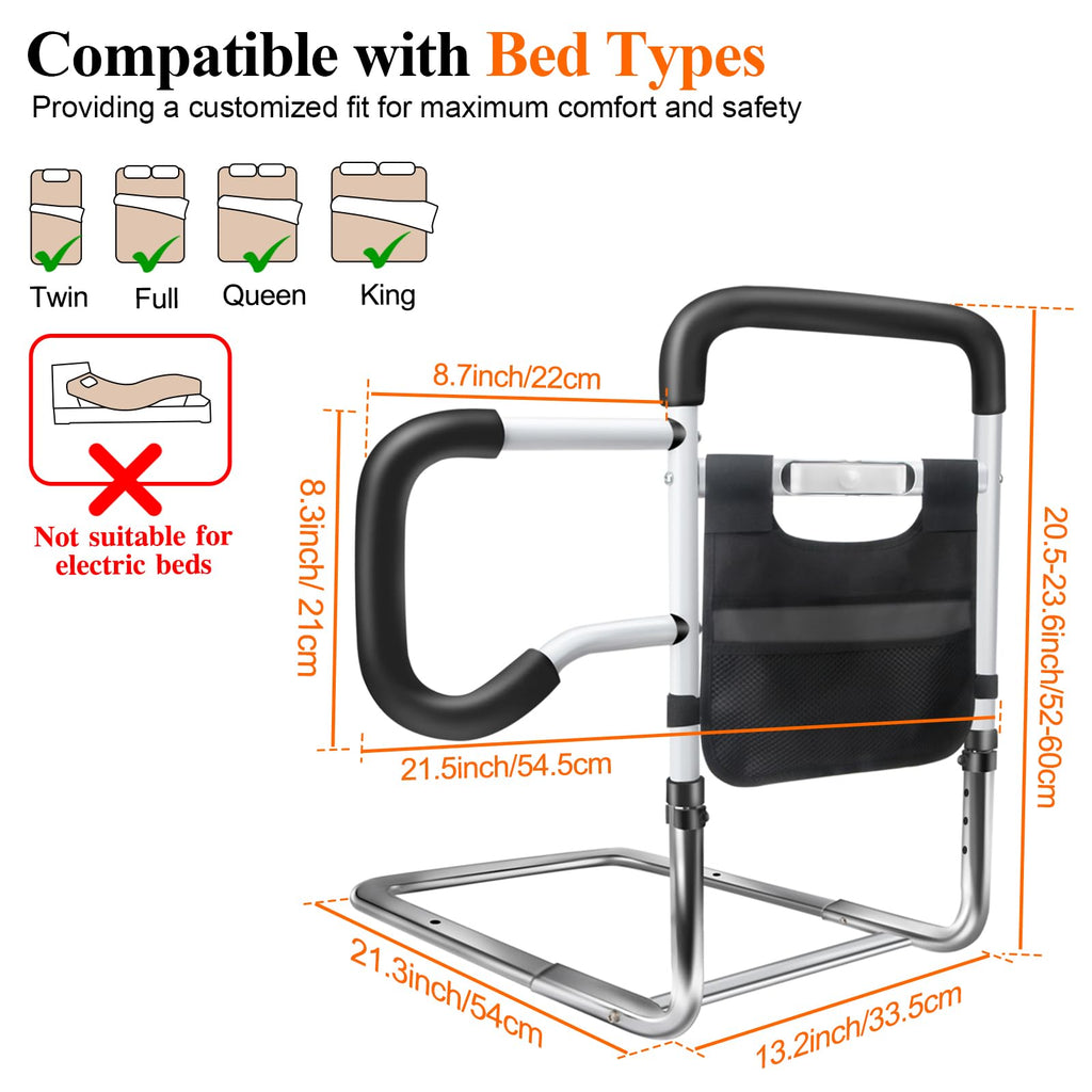 Bed Rails for Elderly Adults Safety, Adjustable Height Bed Guard Rails with Night Motion Light for Seniors, Carbon Steel Bed Assist Rails for Queen King Size Bed (Patent Pending)