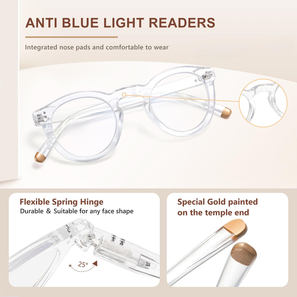 EASY READ Retro Round Blue Light Blocking Reading Glasses for Women,Anti UV Readers for Women with Spring Hinge(Clear,+1.50)