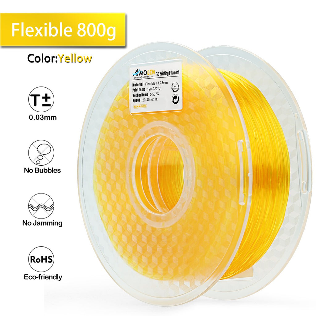 AMOLEN 3D Printer TPU Filament 1.75mm, Transparent Yellow, 0.8KG/1.8LBS +/- 0.03 mm, Includes Sample Wood Filament & Shining Gold Filament.
